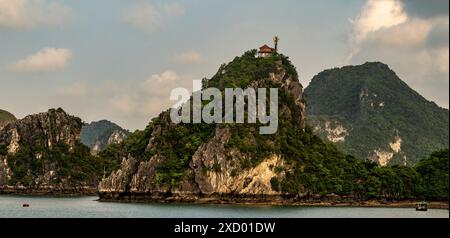 Stunning Ti Top Island in heart of the Alluring Long Bay, Vietnam. Astounding, Breathtaking, Compelling, Glorious, Intriguing, Incredible,Jaw-dropping Stock Photo