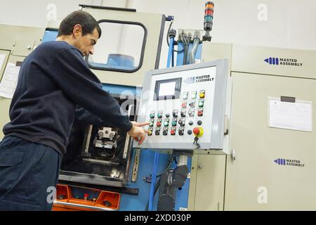 Transfer machining. Machined Indecober. Machining of precision parts in series. Automotive industry. Berriz. Bizkaia. Basque Country. Spain. Stock Photo