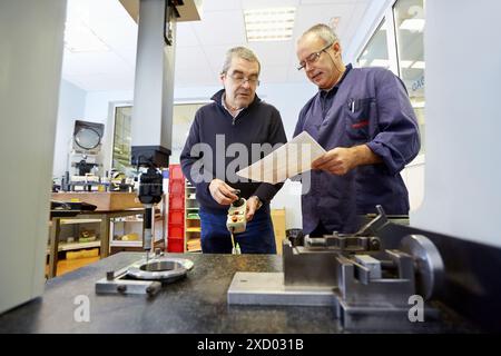 Dimensional control measures. Quality control. Machined Indecober. Machining of precision parts in series. Automotive industry. Berriz. Bizkaia. Basqu Stock Photo
