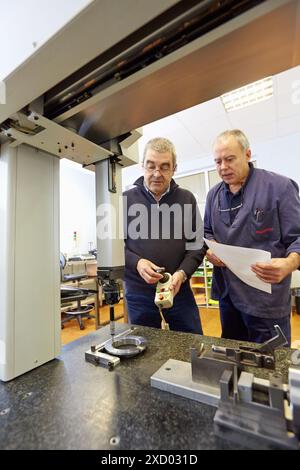 Dimensional control measures. Quality control. Machined Indecober. Machining of precision parts in series. Automotive industry. Berriz. Bizkaia. Basqu Stock Photo