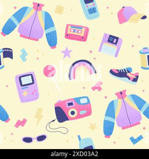 90s retro seamless pattern. Cute bright multicolor elements. on yellow background. Vector illustration in trendy flat style Stock Vector