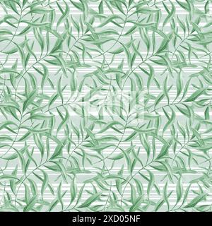 Tropical leaves on striped green background. Green oleander branches. Seamless pattern of olive leaves. Ivy realistic foliage. Watercolor illustration Stock Photo