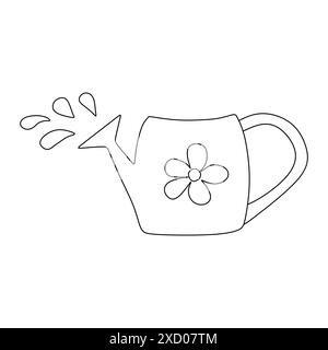 Vector Linear Water Can. Watering Garden Equipment in Doodle style Isolated on White background. Hand drawn Contour Drawing, Coloring Book sheet, Line Stock Vector