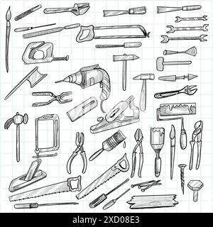 Hand draw construction tools sketch set Stock Vector