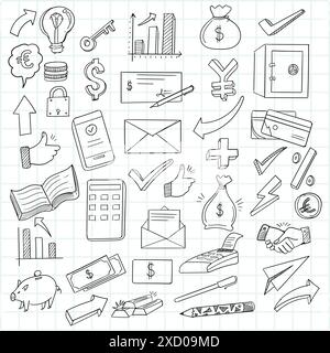 Hand draw business doodle icon set design Stock Vector