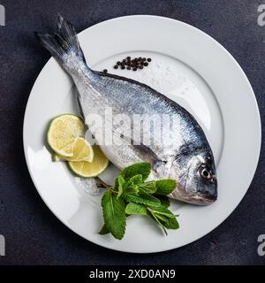 Raw fish dorada with lime slices, seasoning, and mint herb ready for cooking on white plate on light blue background, top view Stock Photo