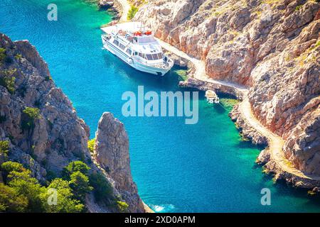 Zavratnica bay fjord under Velebit mountain aerial summer view, scenic archipelago of Croatia Stock Photo