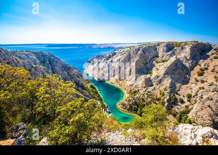 Zavratnica bay fjord under Velebit mountain view from above, scenic archipelago of Croatia Stock Photo