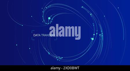 Illustration of abstract stream information with cyan and blue line and dot. Big data, technology, AI, data transfer, data flow background Stock Vector