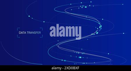 Illustration of abstract stream information with cyan and blue line and dot. Big data, technology, AI, data transfer, data flow background Stock Vector