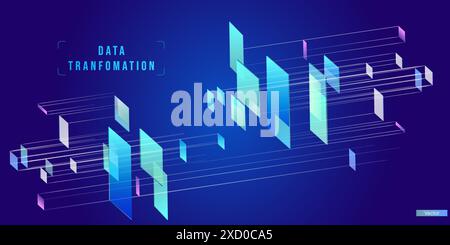 Illustration of abstract stream information. Cyberpunk, big data and cybersecurity. Cyberspace, blockchain transactions. Connection, AI, data transfer Stock Vector