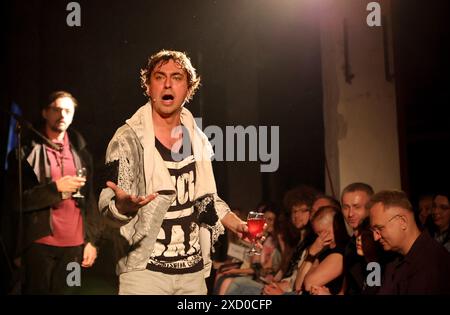 IVANO-FRANKIVSK, UKRAINE - JUNE 18, 2024 - Merited Artist of Ukraine Oleksii Hnatkovskyi as Hamlet is in the Hamlet play based on William Shakespeare’s tragedy, directed by People’s Artist of Ukraine, Shevchenko National Prize laureate Rostyslav Derzhypilskyi and staged by the Ivan Franko Ivano-Frankivsk National Academic Drama Theatre during the First Ukrainian Shakespeare Festival, Ivano-Frankivsk, western Ukraine. Stock Photo