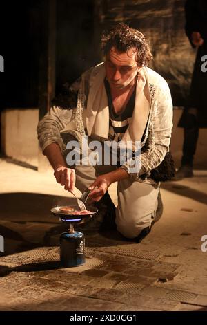 IVANO-FRANKIVSK, UKRAINE - JUNE 18, 2024 - Merited Artist of Ukraine Oleksii Hnatkovskyi as Hamlet is in the Hamlet play based on William Shakespeare’s tragedy, directed by People’s Artist of Ukraine, Shevchenko National Prize laureate Rostyslav Derzhypilskyi and staged by the Ivan Franko Ivano-Frankivsk National Academic Drama Theatre during the First Ukrainian Shakespeare Festival, Ivano-Frankivsk, western Ukraine. Stock Photo