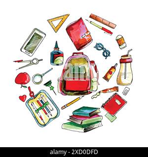Back to school background with school object watercolor Stock Vector
