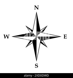 Compass rose symbol, black and white vector illustration of four cardinal directions Stock Vector