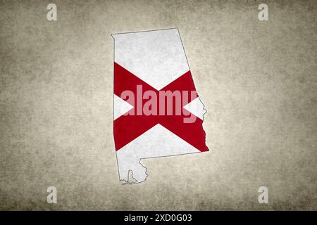 Grunge map of the state of Alabama (USA) with its flag printed within its border on an old paper. Stock Photo