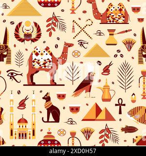 Egypt Travel Pattern with Camels and Pyramids Stock Vector