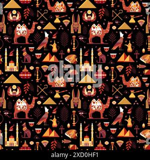 Egypt Travel Pattern with Camels and Pyramids Stock Vector