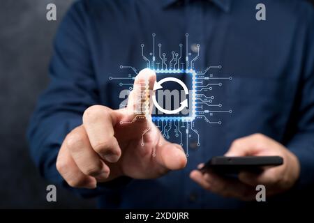 Update software concept. Person touching program upgrade technology on virtual screen. Operating system upgrade, Improved functionality in the new ver Stock Photo