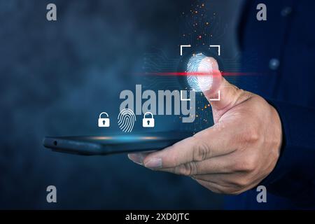 Hologram fingerprint, fingerprint scan on a smartphone, blue background, ultraviolet. concept of fingerprint, biometrics, information technology and c Stock Photo