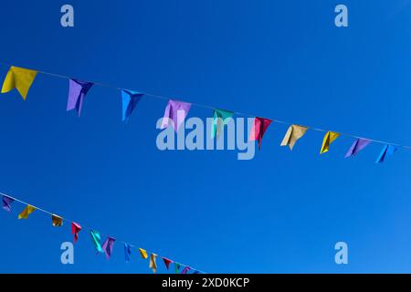 GOIANIA GOIAS BRAZIL – JULY 19 2024: Two lanyards with colorful flags and blue sky in the background. Stock Photo