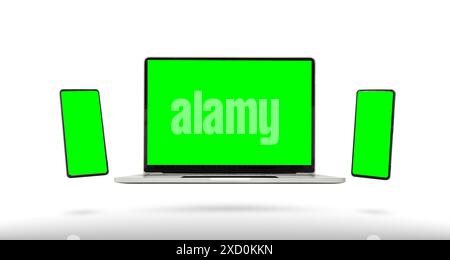 Isolated Devices Mockup. Green screen laptop and green screen smartphone displayed on white background. Concept of technology and modernity. Stock Photo