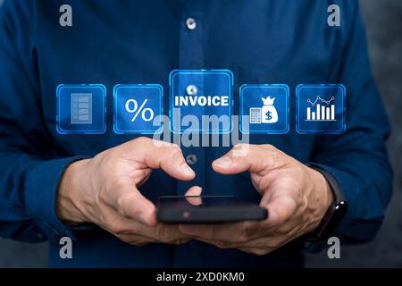 E-Invoice and online digital statements concept. Businessman using smartphone with invoice icons on virtual screen. Stock Photo