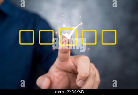 Checklist concept, businessman taking online checklist survey on virtual screen, filling out digital form checklist. Stock Photo
