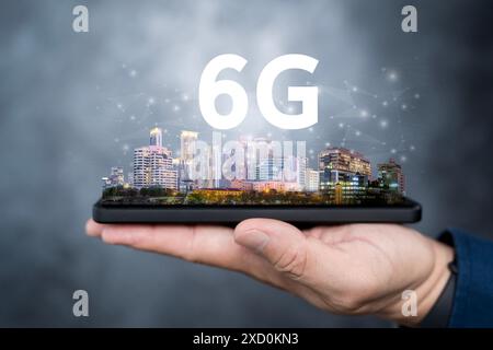 Global network connection 6G on hand business man. network User connection 6G with icon concept, technology network wireless systems and internet of t Stock Photo