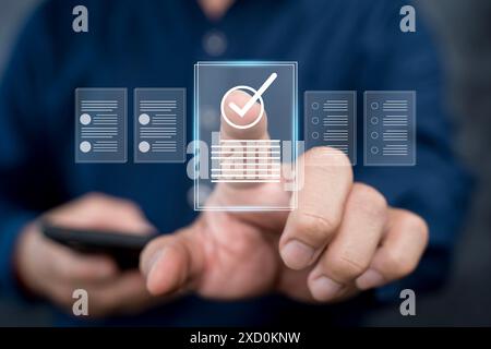 Businessman touching approve document on virtual screen for business process workflow illustrating management approval and project approve concept. Stock Photo