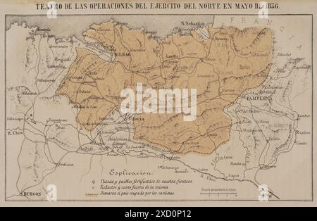 History of Spain. First Carlist War (1833-1839). Map of the Army of the North's theatre of operations in May 1836. The territory occupied by the Carlists is highlighted. 'Historia de la guerra civil y de los partidos liberal y carlista' (History of the Civil War and the Liberal and Carlist parties), by Antonio Pirala. Volume II. Madrid, 1868. Stock Photo