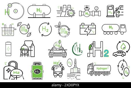 Green hydrogen fuel production icons set. water electrolysis, fuel tank, pipeline, hydrogen transport, hydrogen atom, solar energy, gas station. Stock Vector