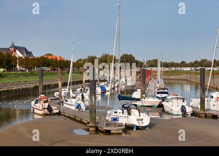 Le Crotoy, France - September 11 2020: Boats moored in the marina of the Canal de la Maye. Stock Photo