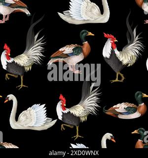 Seamless pattern with roosters, swan and duck. Vector. Stock Vector