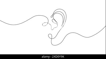 Human ear drawn in one continuous line. This linear contour silhouette Stock Vector