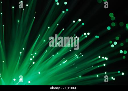 Semiconductor fibers, fiber optic cable communication lines, selective focus, glowing fiber optic cable. High quality photo Stock Photo