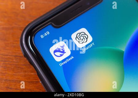DeepSeek and ChatGPT icons seen in an iPhone. DeepSeek is a Chinese AI startup known for developing LLM such as DeepSeek-V2 and DeepSeek-Coder Stock Photo