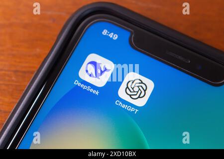 DeepSeek and ChatGPT icons seen in an iPhone. DeepSeek is a Chine…