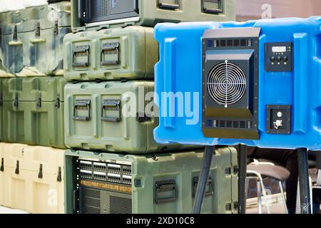 Protective industrial boxes and high-tech packaging on exhibition store Stock Photo