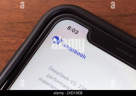 Logo of DeepSeek seen in its website on an iPhone. DeepSeek is a Chinese AI startup known for developing LLM such as DeepSeek-V2 and DeepSeek-Coder Stock Photo