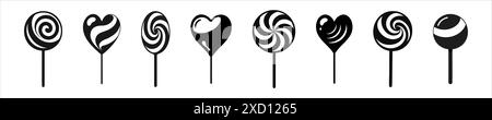 Set of Black silhouettes of lollipops. Isolated on white background. Sweet candy icons in a minimalist style. Concept of confectionery, dessert, festi Stock Vector