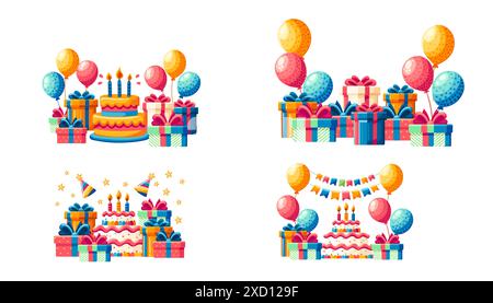 Set of greeting card designs with gift boxes, balloons, and other celebration elements. Vector illustration isolated on a white background Stock Vector