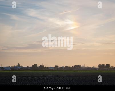 Bright mock sun (parhelium) over an agricultural landscape in the last hour before sunset Stock Photo