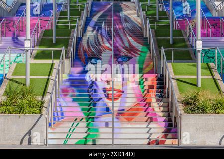 STRICTLY EMBARGOED UNTIL Thurs 20th June 6am. Wembley Park, London, UK. 19th June 2024. To mark Taylor Swift's record breaking eight shows at London's Wembley Stadium on her 'The Eras Tour', the 'Swiftie Steps' artwork has been unveiled. Credit: Amanda Rose/Alamy Live News Credit: amanda rose/Alamy Live News Stock Photo