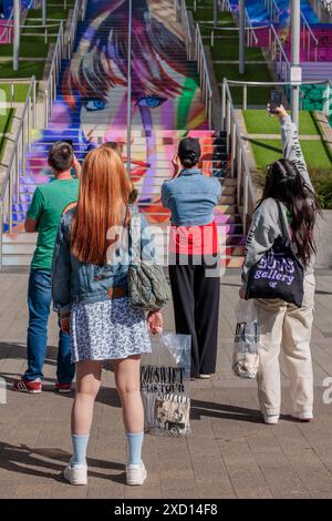 STRICTLY EMBARGOED UNTIL Thurs 20th June 6am. Wembley Park, London, UK. 19th June 2024. To mark Taylor Swift's record breaking eight shows at London's Wembley Stadium on her 'The Eras Tour', the 'Swiftie Steps' artwork has been unveiled. Credit: Amanda Rose/Alamy Live News Credit: amanda rose/Alamy Live News Stock Photo