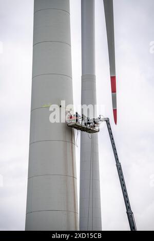Demolition of the tower of a 20 year old wind turbine, in the Werl wind ...