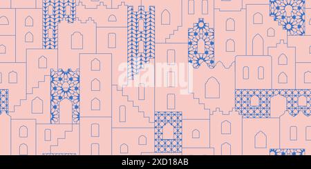 Arabic style cityscape seamless pattern. Moroccan style geometric shape houses, laces background. Stock Vector