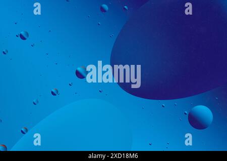 Composition of blue shapes and bubbles forms tranquil, flowing abstract pattern reminiscent of liquid surfaces Stock Photo