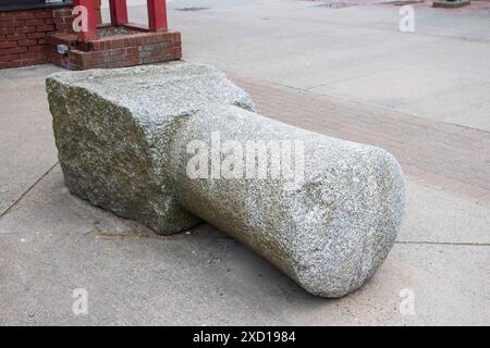 Stone bollard display outside the Maritime Museum of the Atlantic at the waterfront boardwalk in Halifax, Nova Scotia, Canada Stock Photo