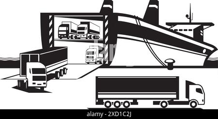 Trucks exit ferry boat at port cargo terminal – vector illustration Stock Vector